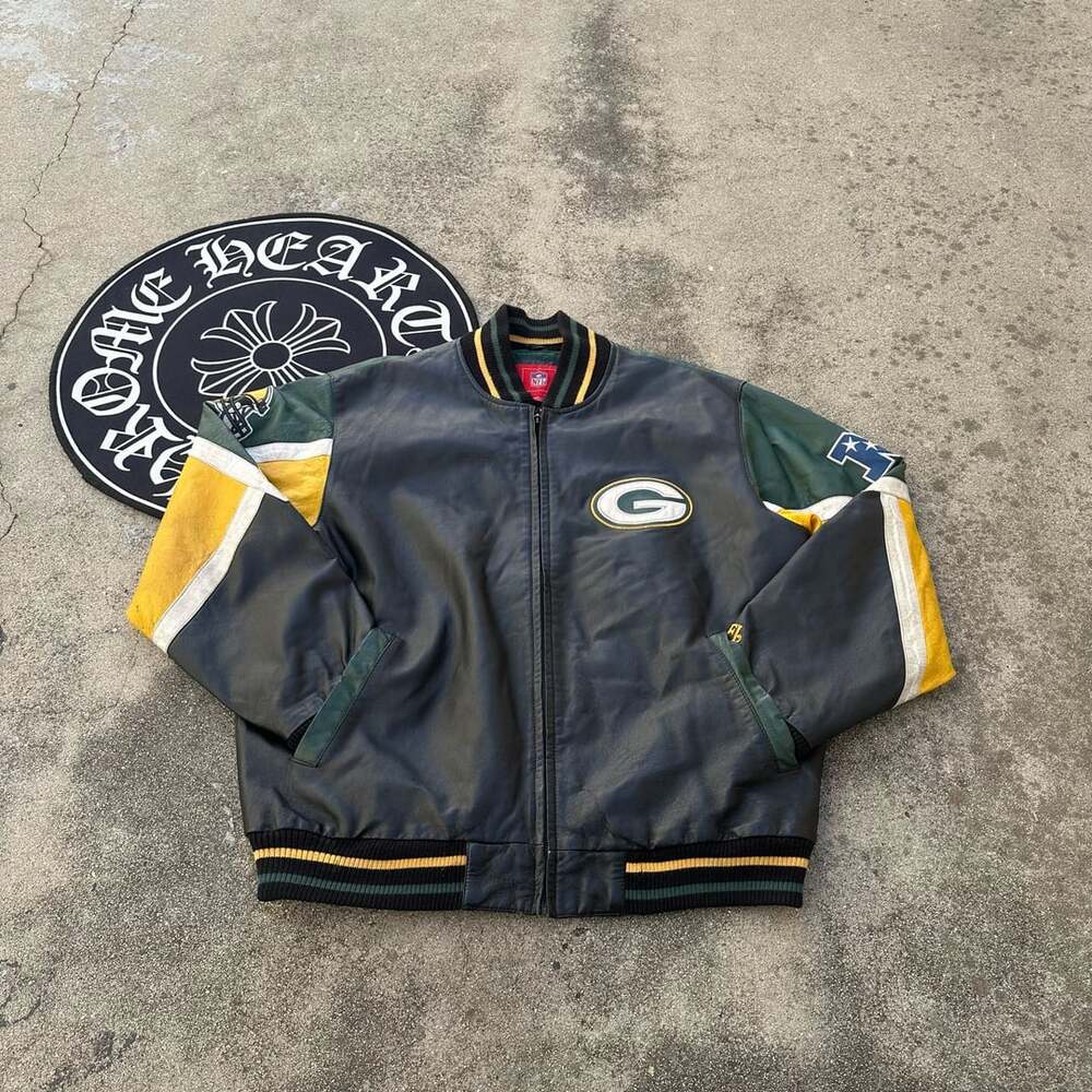 Vintage NFL Green Bay Packers Leather Jacket Size L Black